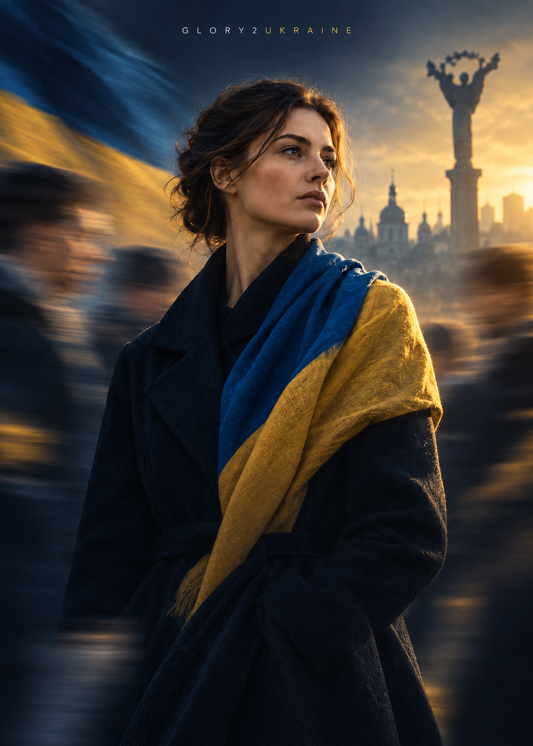 Eine Frau in einem Mantel mit blau-goldenem Schal, im Hintergrund die Skyline von Kyjiw — Illustration des Projekts Glory2Ukraine